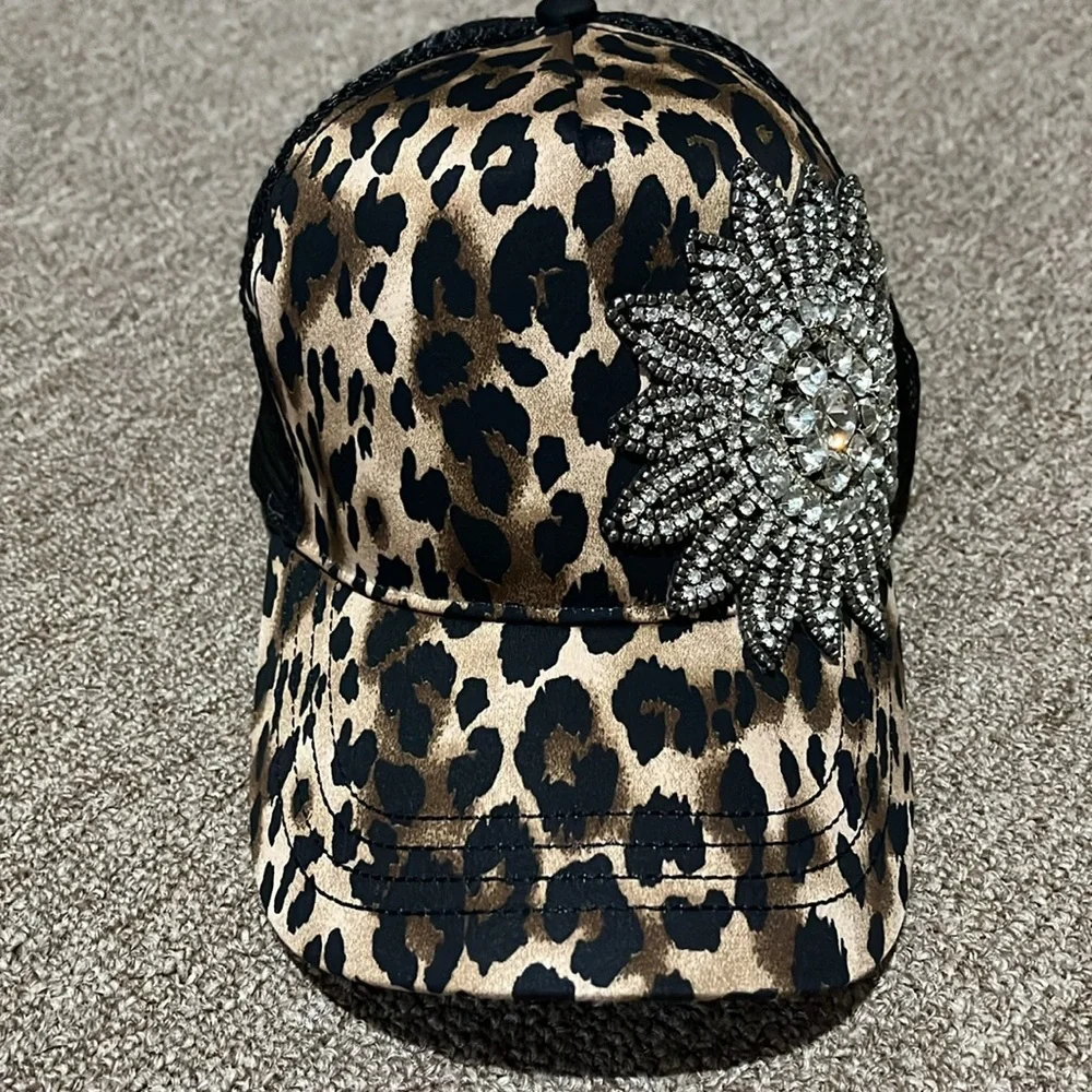 Leopard Cheetah print w/ bling trucker hat. Adjustable sizing. Ponytail opening. - Picture 2 of 7